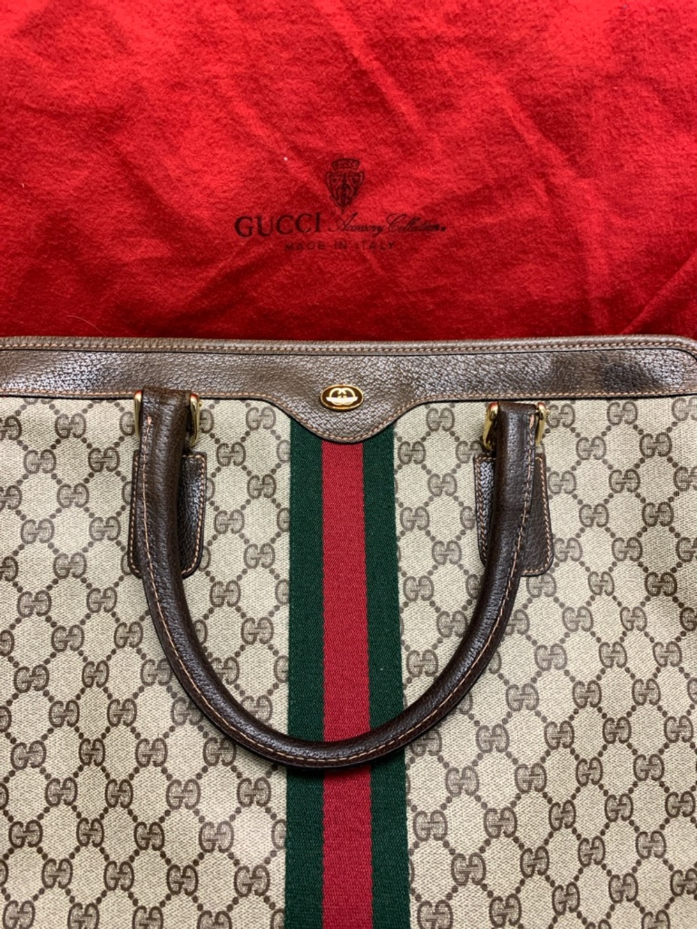 Vintage Auth Gucci Monogram Canvas Sherry Line green red Tote w dustbag